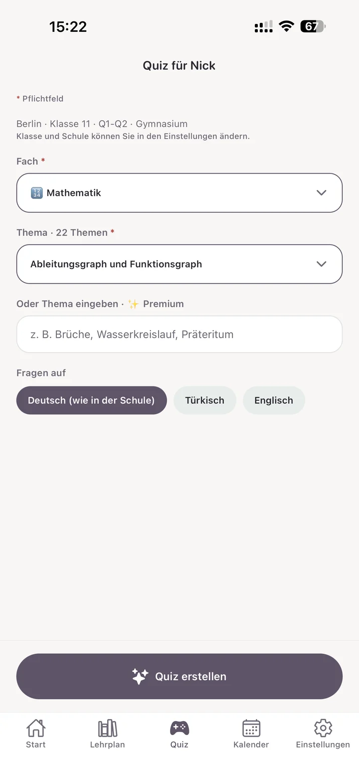 Kluki quiz builder: choose subject, topic and language